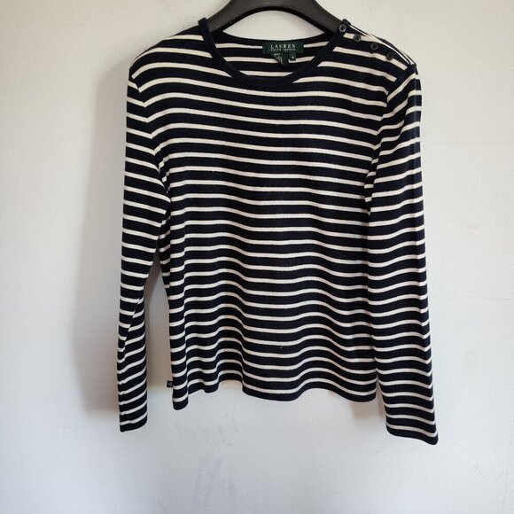 Ladies SZ M Lauren Ralph Lauren Navy-Stripe Long-Sleeve T-Shirt - Picture 1 of 4